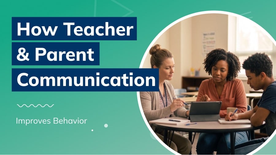 An image of a teacher with a parent and student for a blog post about how teacher and parent communication improves student behavior