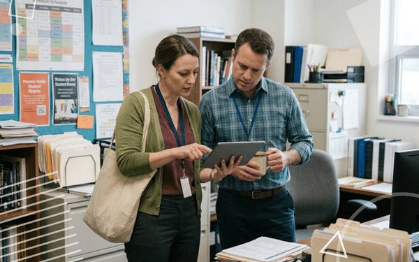 Two teachers reviewing student behavior information on a tablet together in a school office.