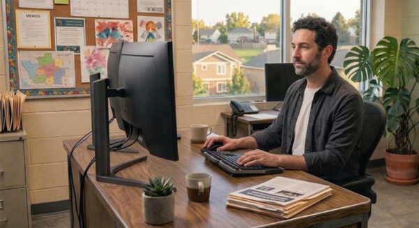 teacher sitting at a desk on a computer - this image is for a blog post about what to ask before you buy a hall pass system