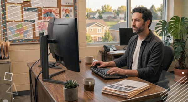 teacher sitting at a desk on a computer - this image is for a blog post about what to ask before you buy a hall pass system